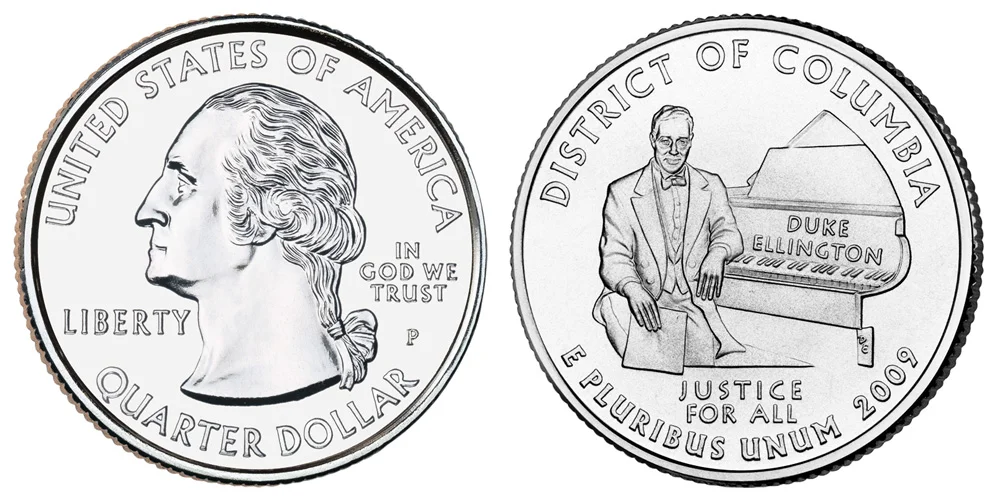 All six 2009 DC and US Territories Washington quarters showing reverse designs