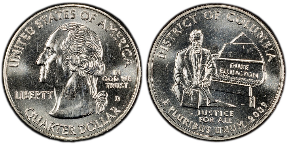 Side-by-side comparison of normal 2009-D DC quarter versus DDR doubled die reverse variety showing ELLINGTON doubling