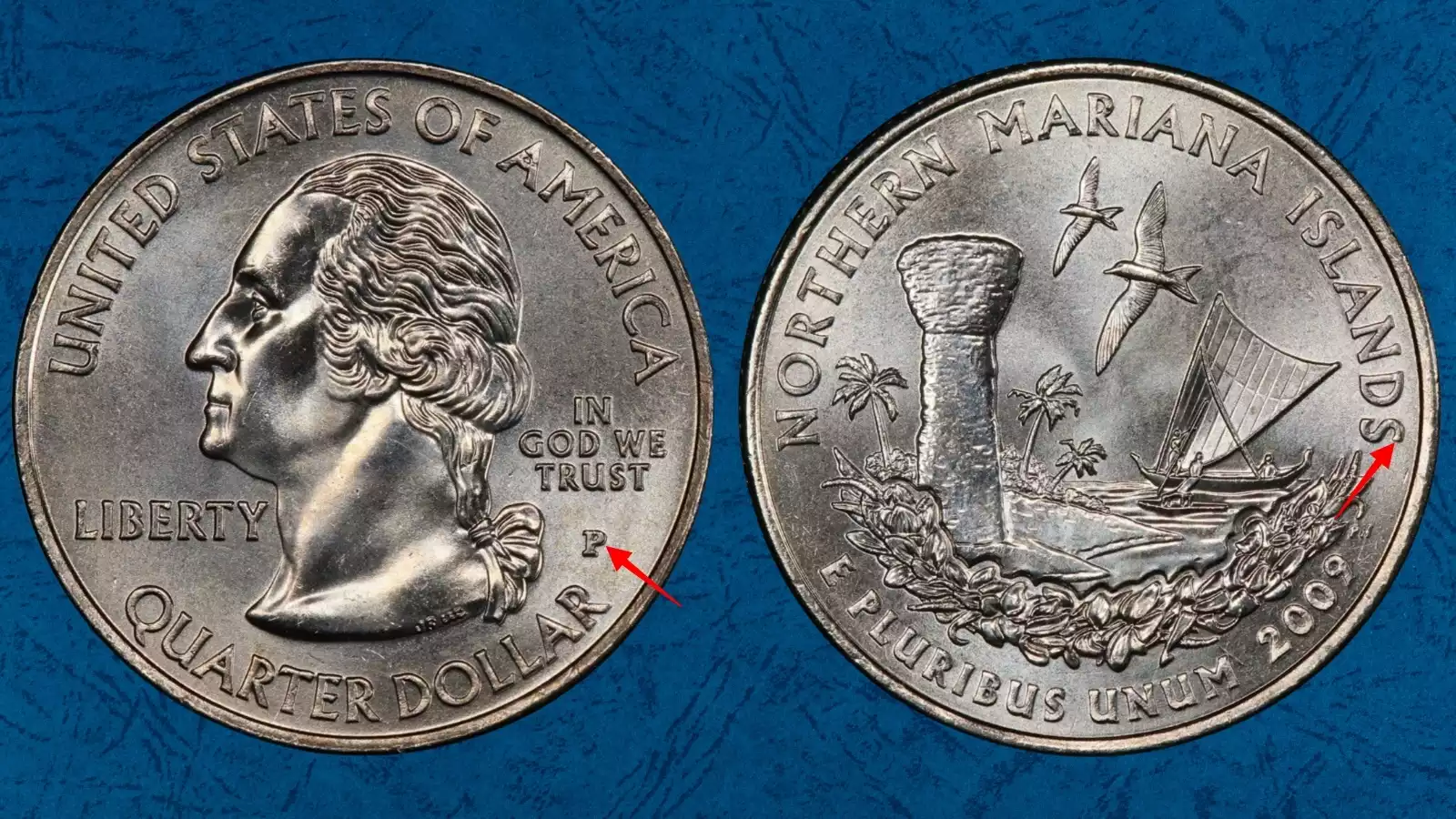 Close-up of 2009 quarter obverse showing doubled die obverse on Washington portrait and inscriptions