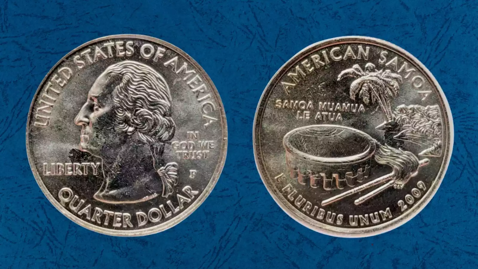 Close-up of 2009 quarter showing struck-through grease error with missing design detail