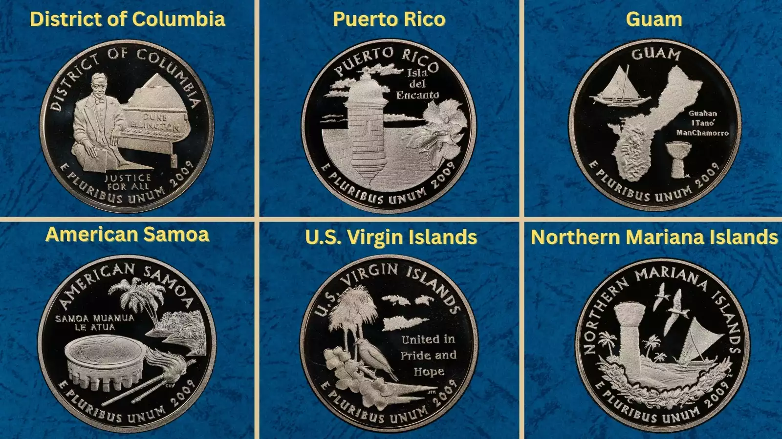 Group of all six 2009 DC and US Territories Washington quarters arranged by mintage from highest to lowest