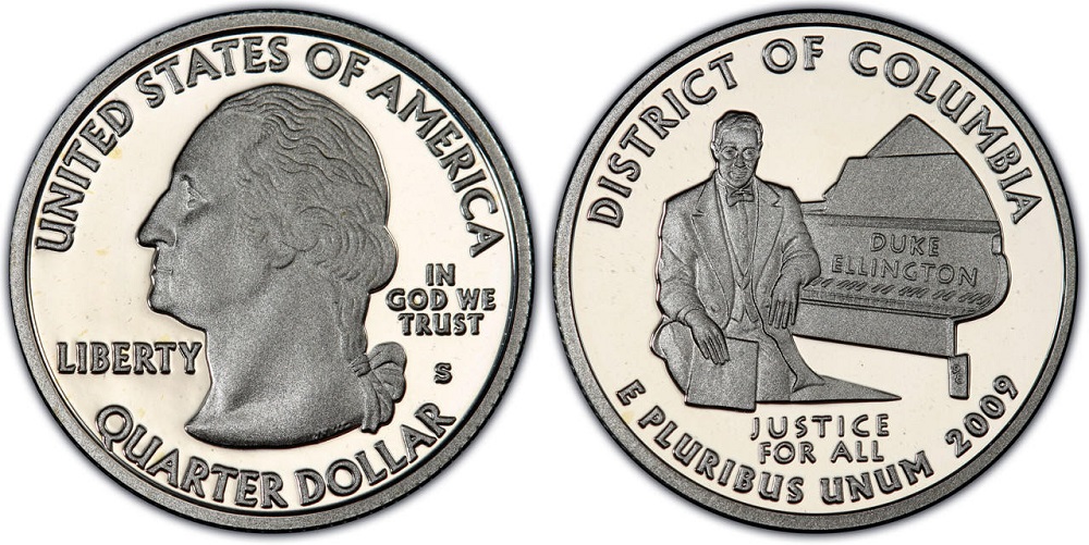 Grading strip showing four 2009 quarter condition tiers from worn to gem uncirculated MS67
